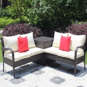 3 Piece Patio Sectional Wicker Rattan Outdoor Furniture Sofa Set With Storage Box Brown