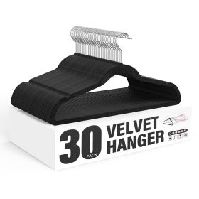 Velvet Hangers 30 Pack, Non-Slip Clothes Hangers with Shoulder Notches, 360° Swivel Hooks, Heavy Duty Coat Suit Hangers for Closet Space Saving, Black