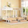 Full Over Twin & Twin Bunk Bed, Metal Triple Bunk Bed with Drawers and Guardrails, White