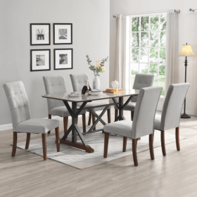 Modern Dining Table For 6-8, 7 Piece Kitchen Dining Table Set, Gray Sintered Stone Dining Table With 6 Tufted Upholstered Chairs, 63-inch Rectang (Option: Gray)