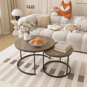 Nesting Coffee Table Set of 2, 27.6inch Round Coffee Table Industrial Wood Finish with Sturdy Metal Frame (Material: Wood+Metal, Color: Brown)