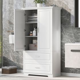 Tall Bathroom Storage Cabinet, Cabinet with Two Doors and Drawers, Adjustable Shelf, MDF Board (Material: MDF, Color: White)