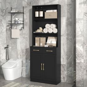 Bathroom Storage Cabinet, Cabinet with Two Doors and Drawers, Adjustable Shelf, Three-layer Open Shelf, MDF Board (Material: MDF, Color: Black)