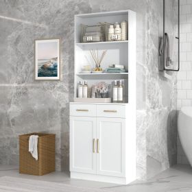 Bathroom Storage Cabinet, Cabinet with Two Doors and Drawers, Adjustable Shelf, Three-layer Open Shelf, MDF Board (Material: MDF, Color: White)