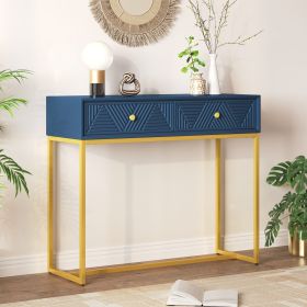 Modern Sleek Console Table Two Drawers with Stripe Design for Living Room and Entryway (Material: MDF, Color: Navy)