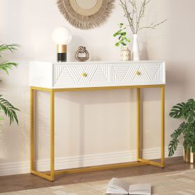 Modern Sleek Console Table Two Drawers with Stripe Design for Living Room and Entryway (Material: MDF, Color: White)