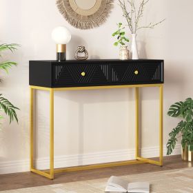 Modern Sleek Console Table Two Drawers with Stripe Design for Living Room and Entryway (Material: MDF, Color: Black)