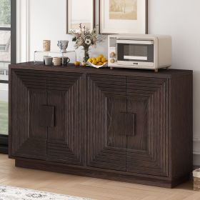 Vintage Distressed 4-Door Sideboard with Adjustable Shelves and Geometric Pattern for Dining Room,Kitchen and Living Room (Material: Solid Wood+MDF, Color: Espresso)