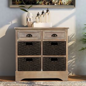 Rustic Storage Cabinet with Two Drawers and Four Classic Rattan Basket for Dining Room/Entryway/Living Room (Material: Solid Wood, Color: White Washed)