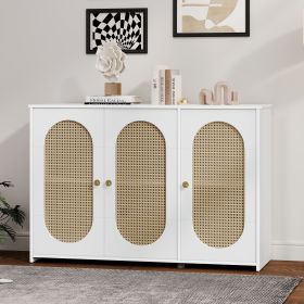 Retro 3-Door Sideboard with Large Storage Space Artificial Rattan Doors and Metal Handles,Accent Cabinet for Living Room and Hallway (Material: Particle Board+MDF, Color: White)