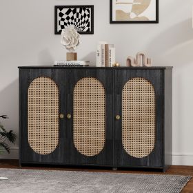 Retro 3-Door Sideboard with Large Storage Space Artificial Rattan Doors and Metal Handles,Accent Cabinet for Living Room and Hallway (Material: Particle Board+MDF, Color: Antique Black)
