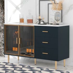 Modern Sideboard MDF Buffet Cabinet Marble Sticker Tabletop and Amber-yellow Tempered Glass Doors with Gold Metal Legs & Handles (Material: MDF+glass, Color: Navy Blue)
