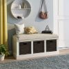 Rustic Storage Bench with 3 Removable Classic Rattan Basket ,Entryway Bench with Removable Cushion