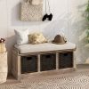 Rustic Storage Bench with 3 Removable Classic Rattan Basket ,Entryway Bench with Removable Cushion