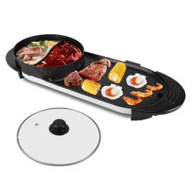 2 in 1 Electric Hot Pot with BBQ Grill Cooker 2200W Smokeless Non-Stick Korean BBQ Grill Shabu Shabu Hot Pot with Independent Temperature Control 5 Ge (Color: Black)