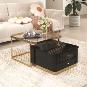 Modern 2 Pieces Square Nesting Coffee Table with Drawers & Electroplated gold legs in 27.6'' (Material: MDF, Color: Golden Black)
