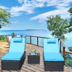 3-Piece Outdoor Patio Furniture Set Chaise Lounge, Patio Reclining Rattan Lounge Chair Chaise Couch Cushioned With Glass Coffee Table, Adjustable (Option: Dark gray)
