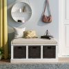 Rustic Storage Bench with 3 Removable Classic Rattan Basket ,Entryway Bench with Removable Cushion