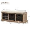 Rustic Storage Bench with 3 Removable Classic Rattan Basket ,Entryway Bench with Removable Cushion