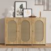 Retro 3-Door Sideboard with Large Storage Space Artificial Rattan Doors and Metal Handles,Accent Cabinet for Living Room and Hallway